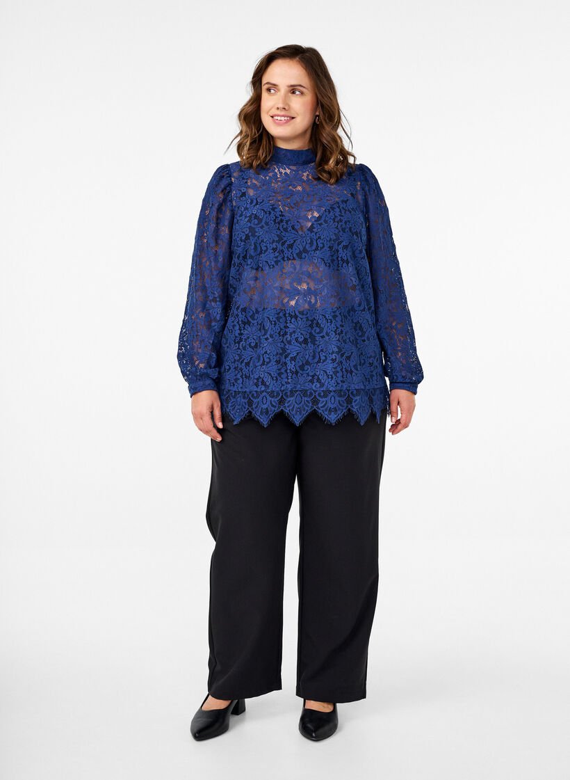 Lace blouse with bow detail, Estate Blue, Model image number 2