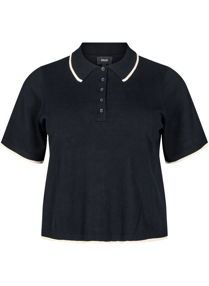 Fine-knit polo shirt with contrast trim, Black, Packshot image number 0