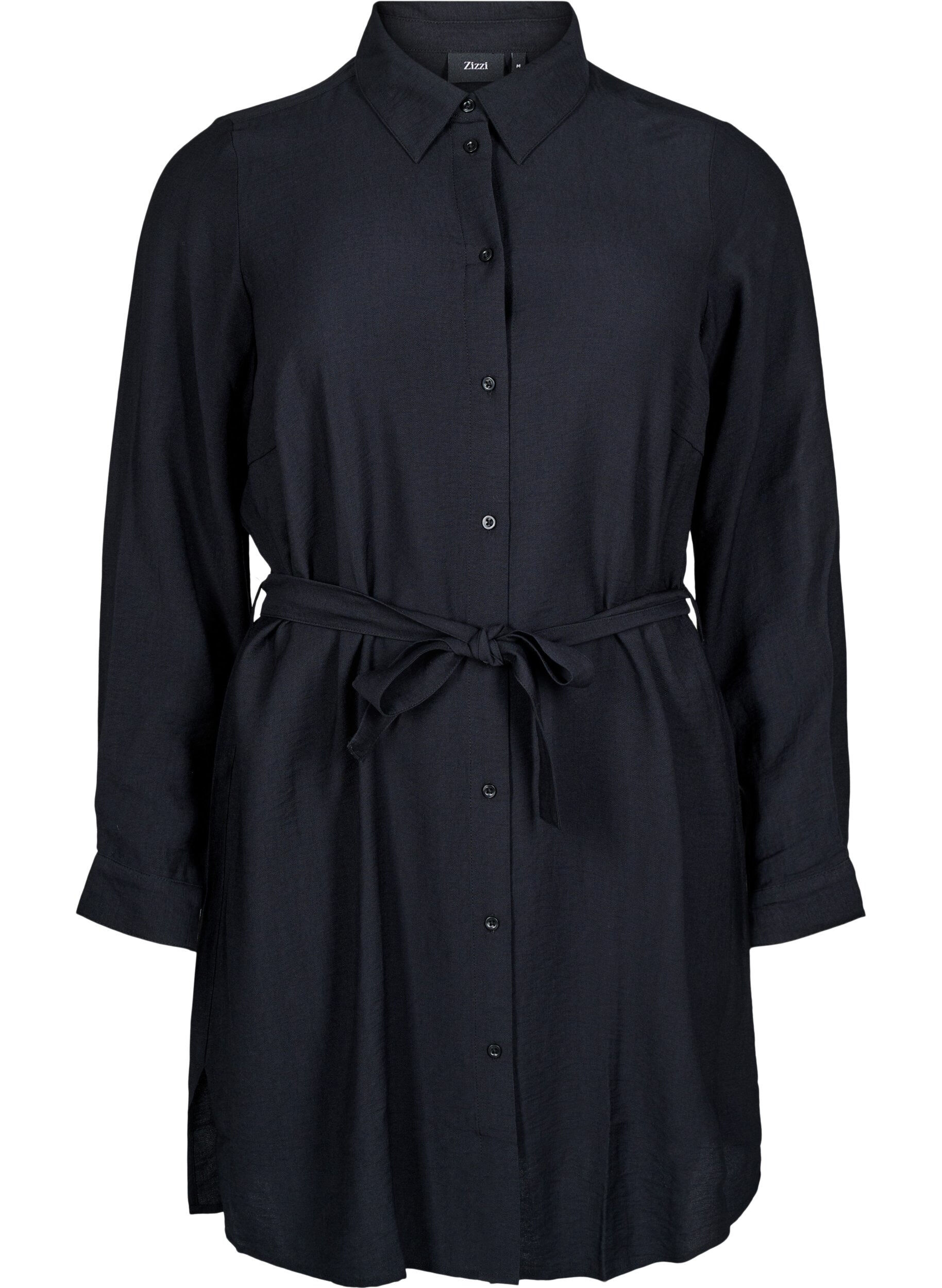 Zizzifashion Shirt dress with tie belt and long sleeves, Black, Packshot image number 0