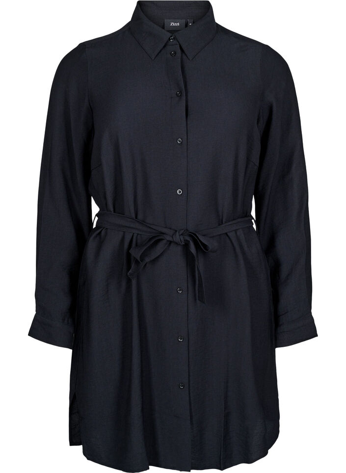 Shirt dress with tie belt and long sleeves, Black, Packshot image number 0