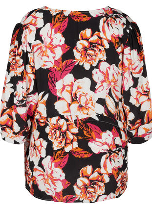 Viscose blouse with 3/4-length sleeves, Black Big Flower , Packshot image number 1