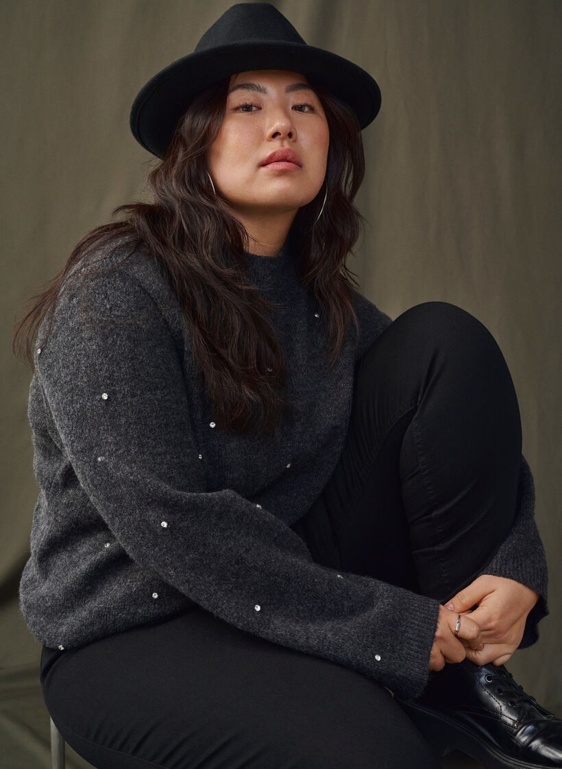 Knitted blouse with rhinestones and a high neckline, Dark Grey Melange, Image image number 0