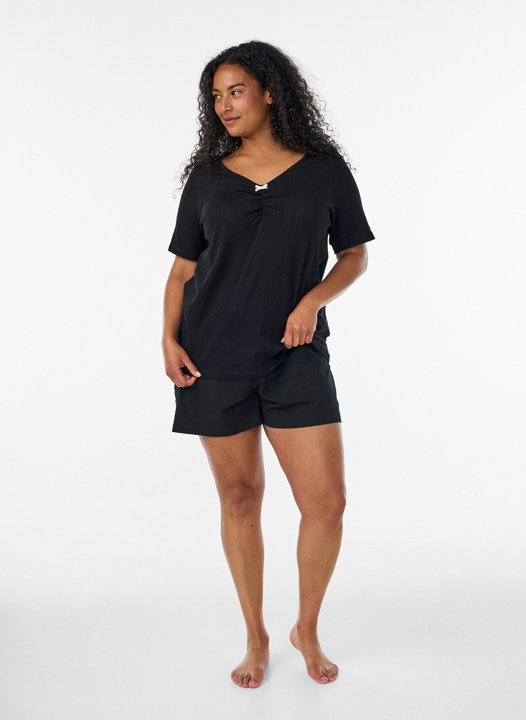 ZizzifashionNight top in organic cotton with eyelet embroidery, Black, Model image number 1