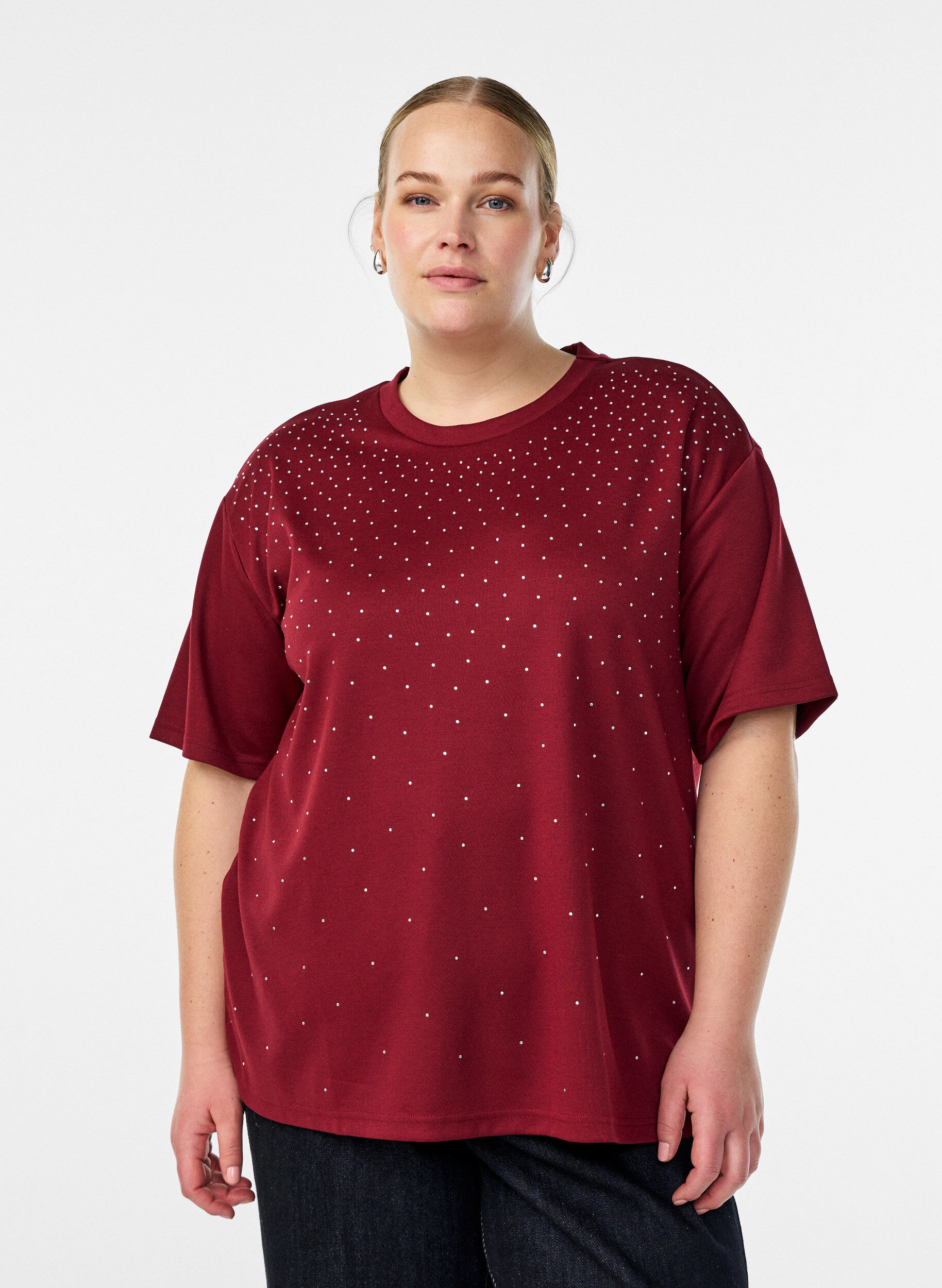 ZizzifashionT-shirt with rhinestones and round neck, Dark Bordeaux, Model image number 0