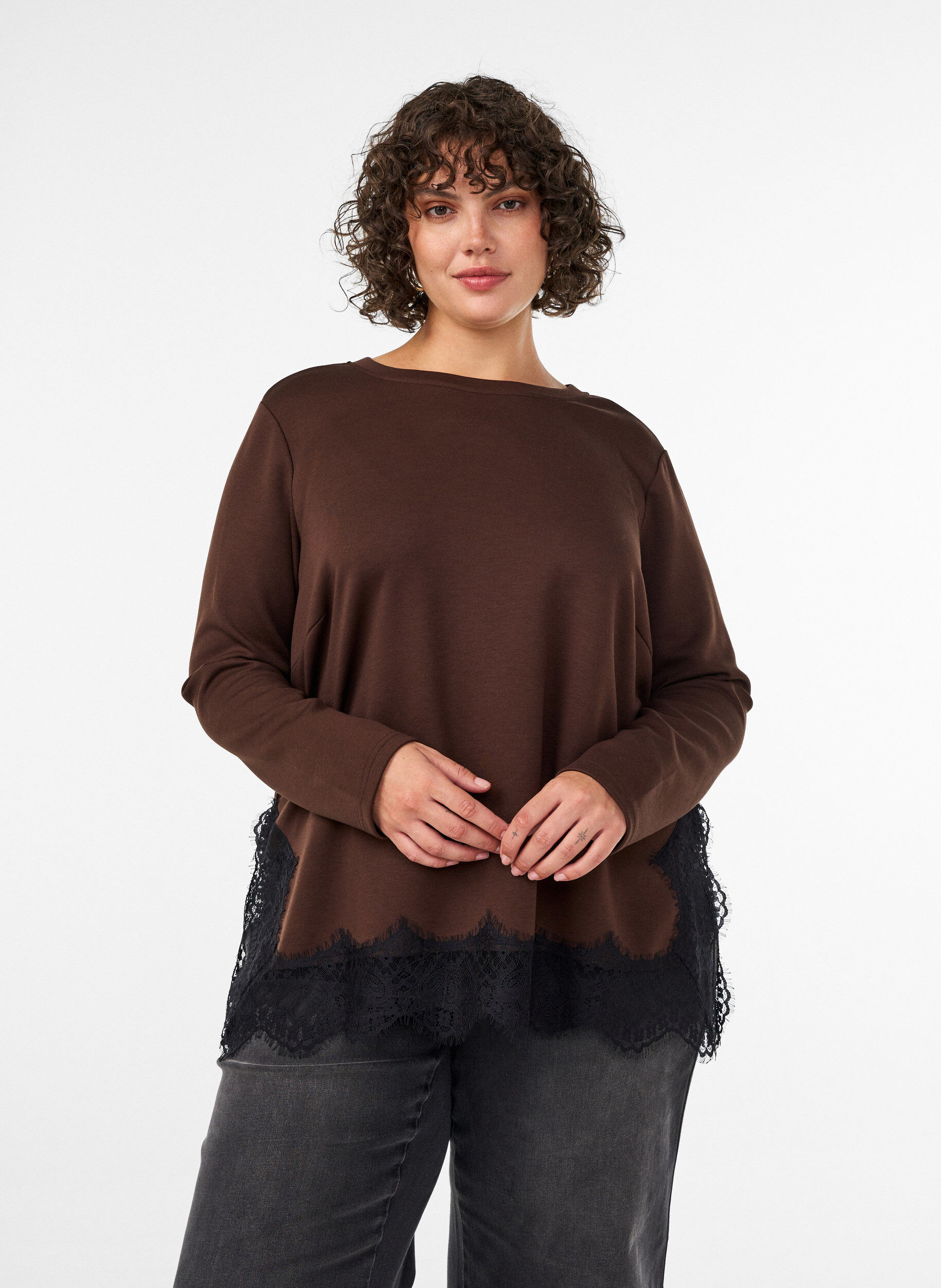 ZizzifashionJersey blouse with lace trim, Brown, Model image number 0