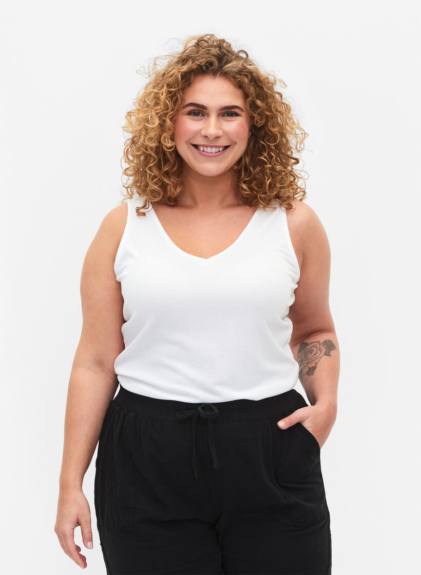 Basic top in rib with v-neckline, Bright White, Model image number 0