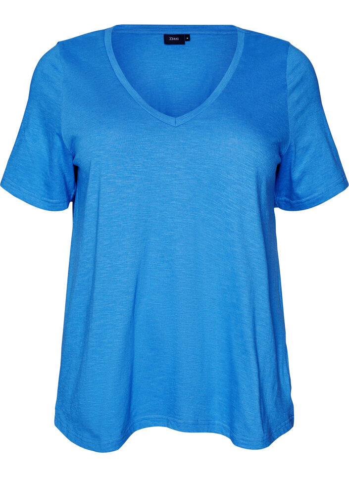 Short-sleeved basic t-shirt with v-neck, Blue, Packshot image number 0
