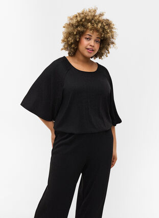 Short-sleeved jumpsuit with glitter, Black, Model image number 2