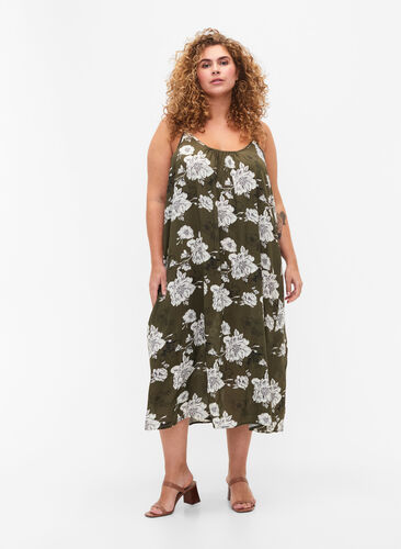 Sleeveless midi dress in viscose, Green Flower AOP, Model image number 0