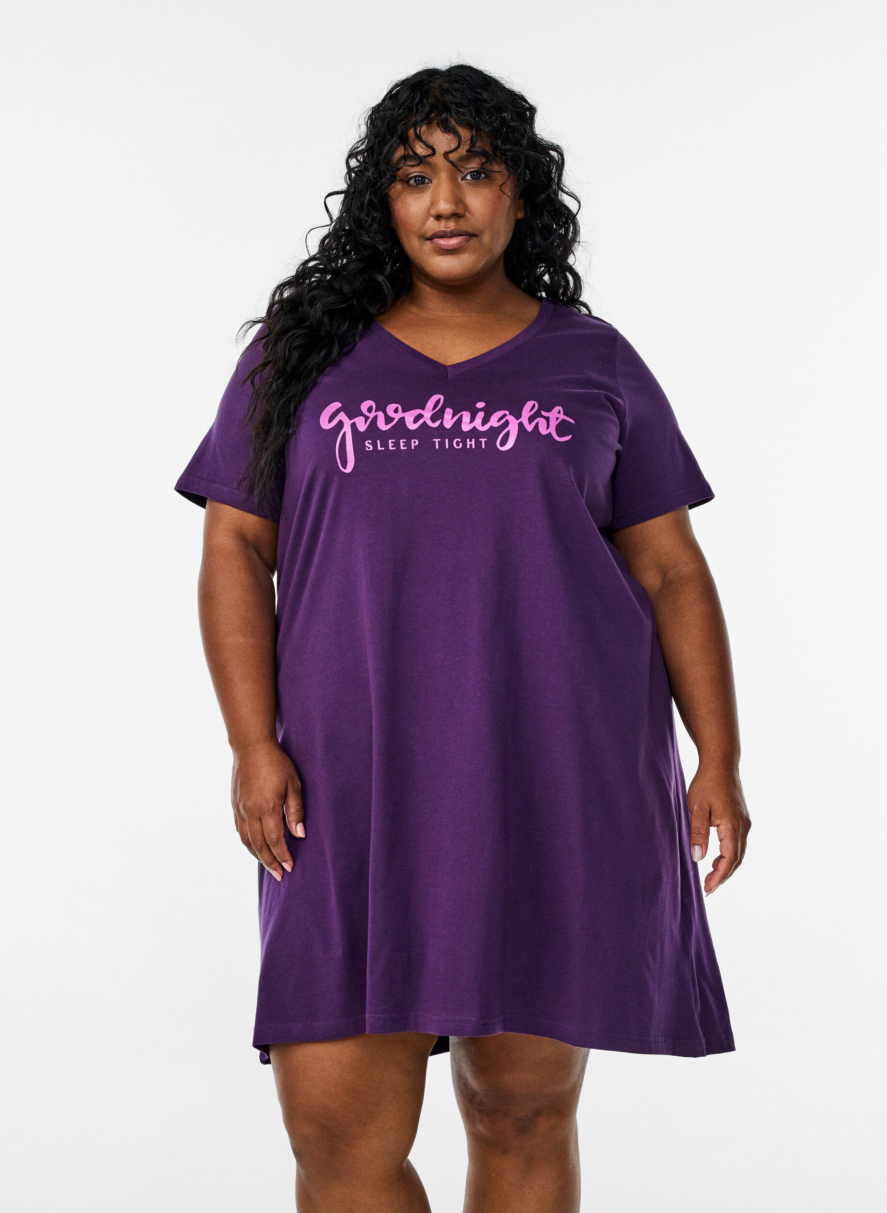 Zizzifashion Organic cotton nightgown with v-neck, Purple, Model image number 0