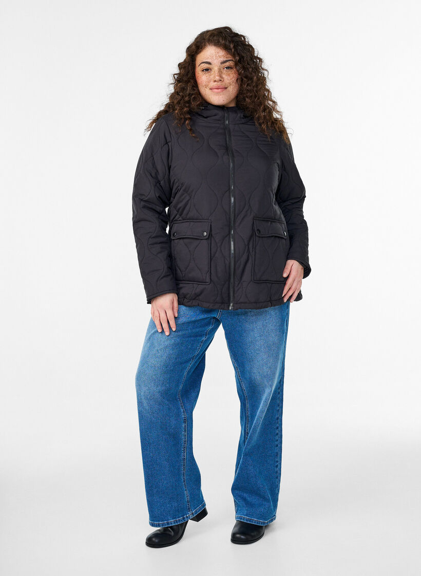 Quilted jacket with hood and pockets, Black, Model image number 1