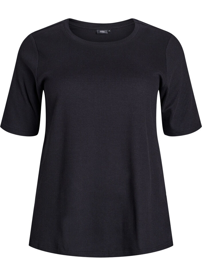 Ribbed jersey blouse with short sleeves, Black, Packshot image number 0