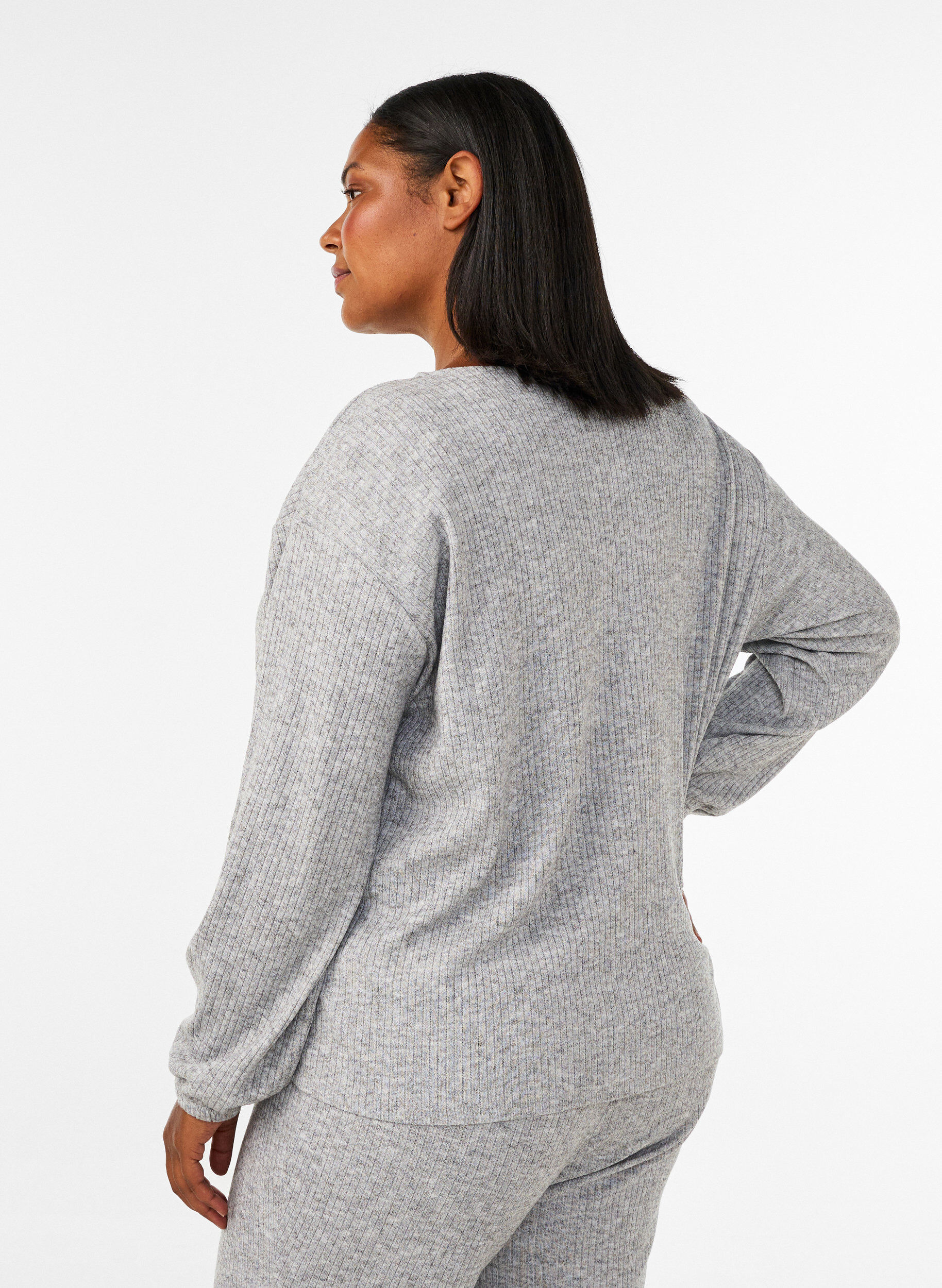 ZizzifashionJersey blouse with ribbed texture and V-neck, Grey, Model image number 2