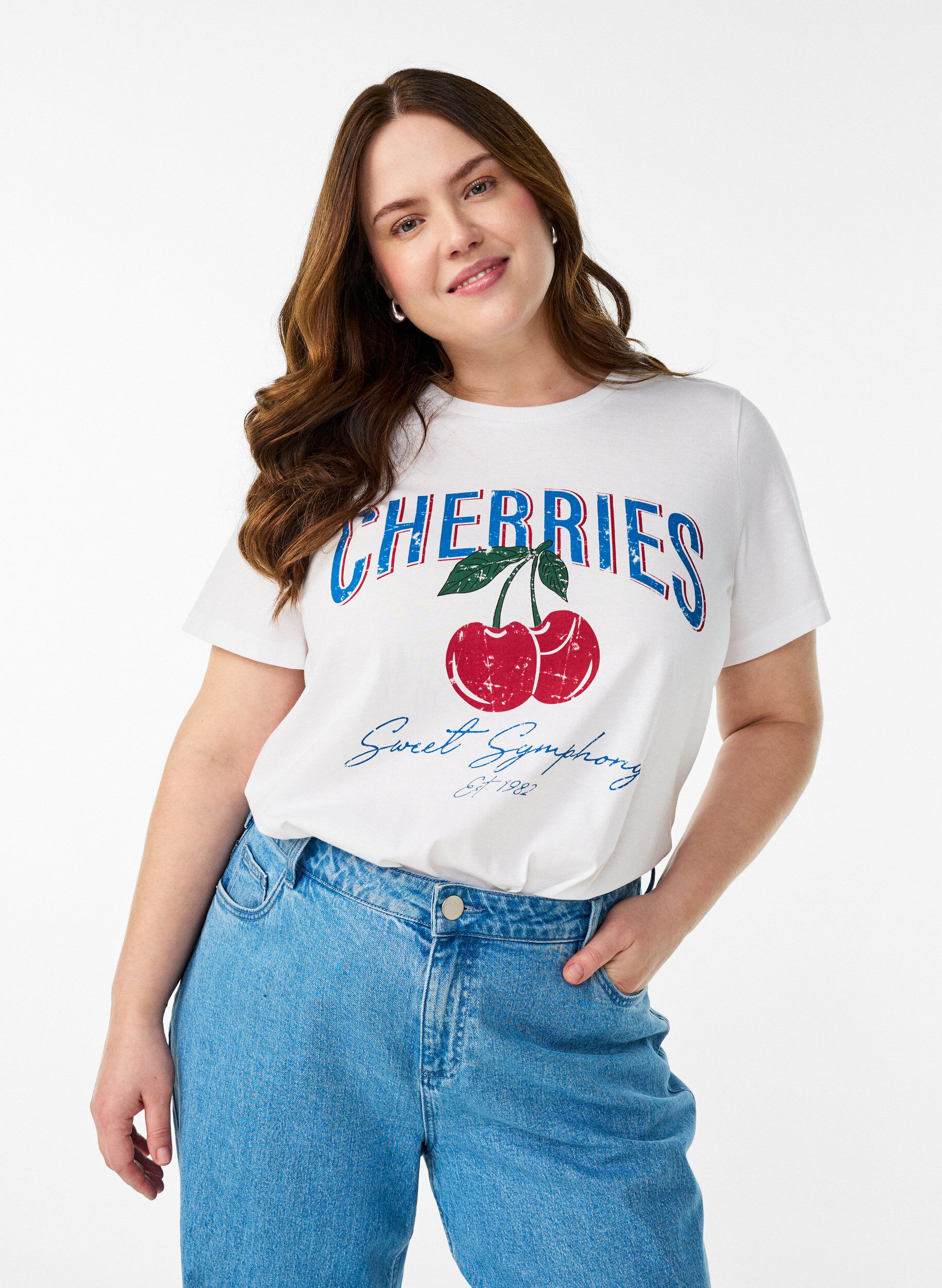 Zizzifashion Cotton t-shirt with fruit print and text, White, Model image number 0