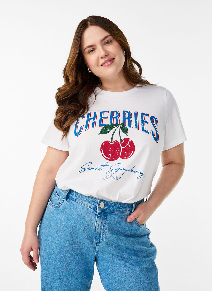 Cotton t-shirt with fruit print and text, White, Model image number 0