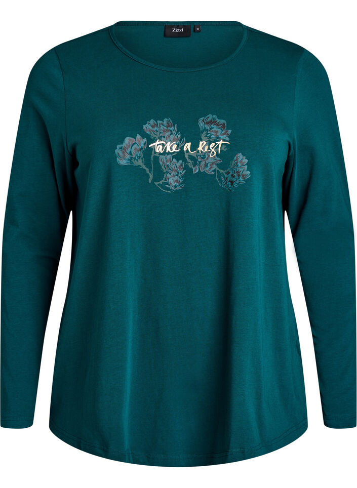 Night top in cotton with front print, Turquoise, Packshot image number 0