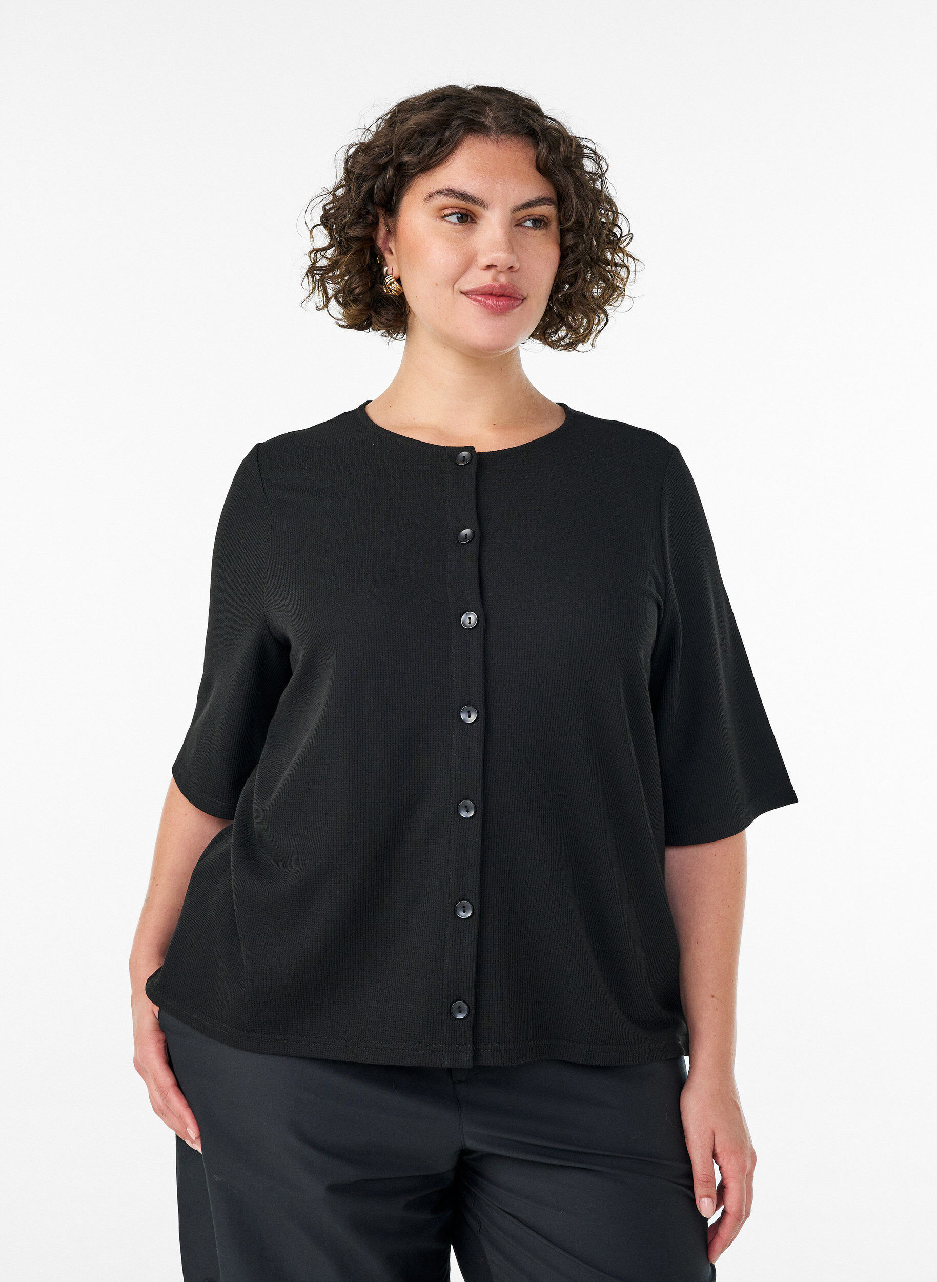 Zizzifashion Blouse with a ribbed texture and button closure, Black, Model image number 0
