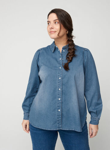 Denim shirt with puff sleeves, Blue denim, Model image number 0