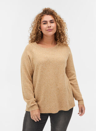 Mottled knitted blouse with a round neck, Wood Thrush Mel., Model image number 0