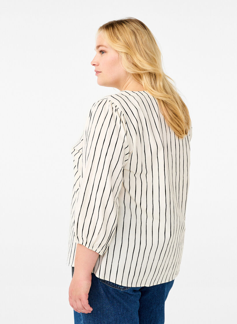 3/4 sleeve cotton blouse with stripes, Eggnog Black Stripe, Model image number 1