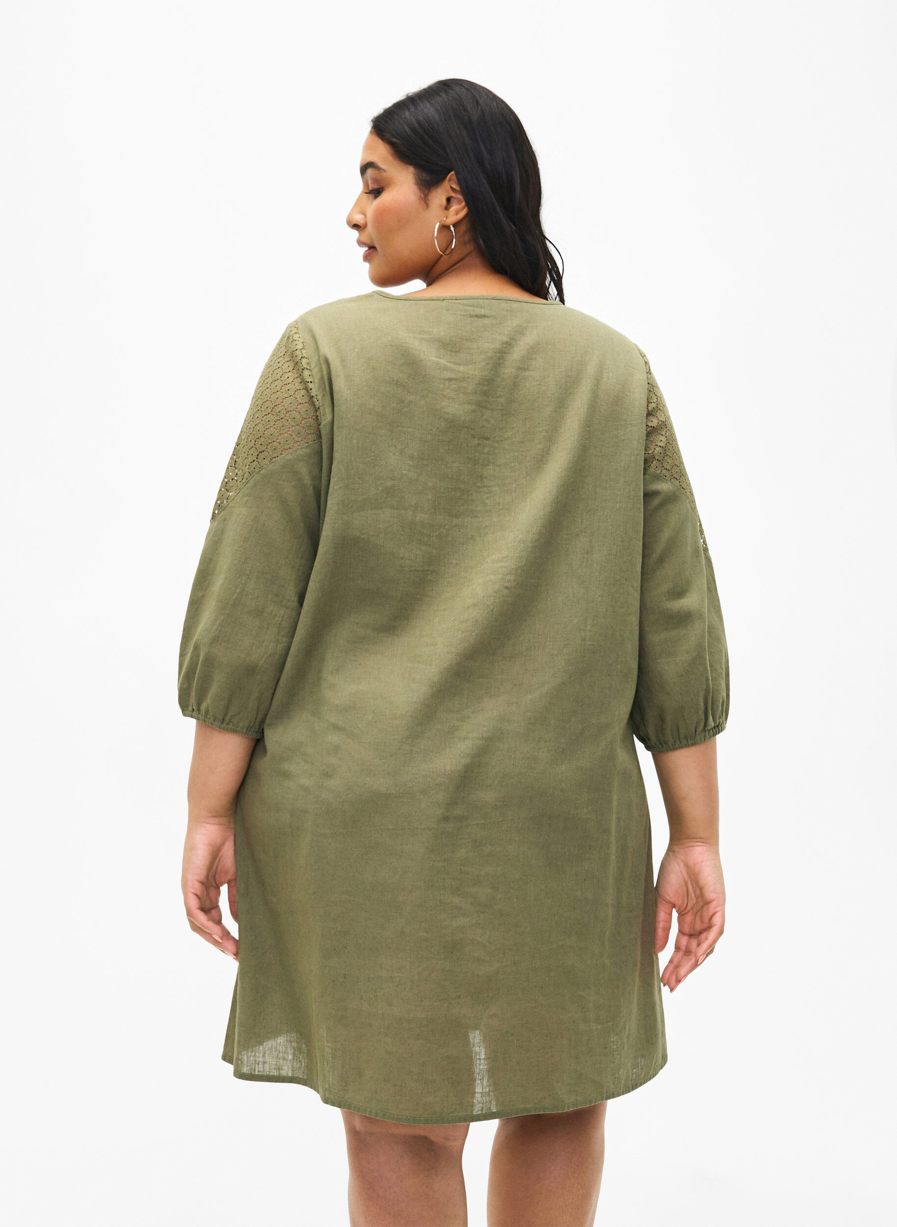 Zizzifashion Dress in a cotton blend with linen and crochet detail, Deep Lichen Green, Model image number 1