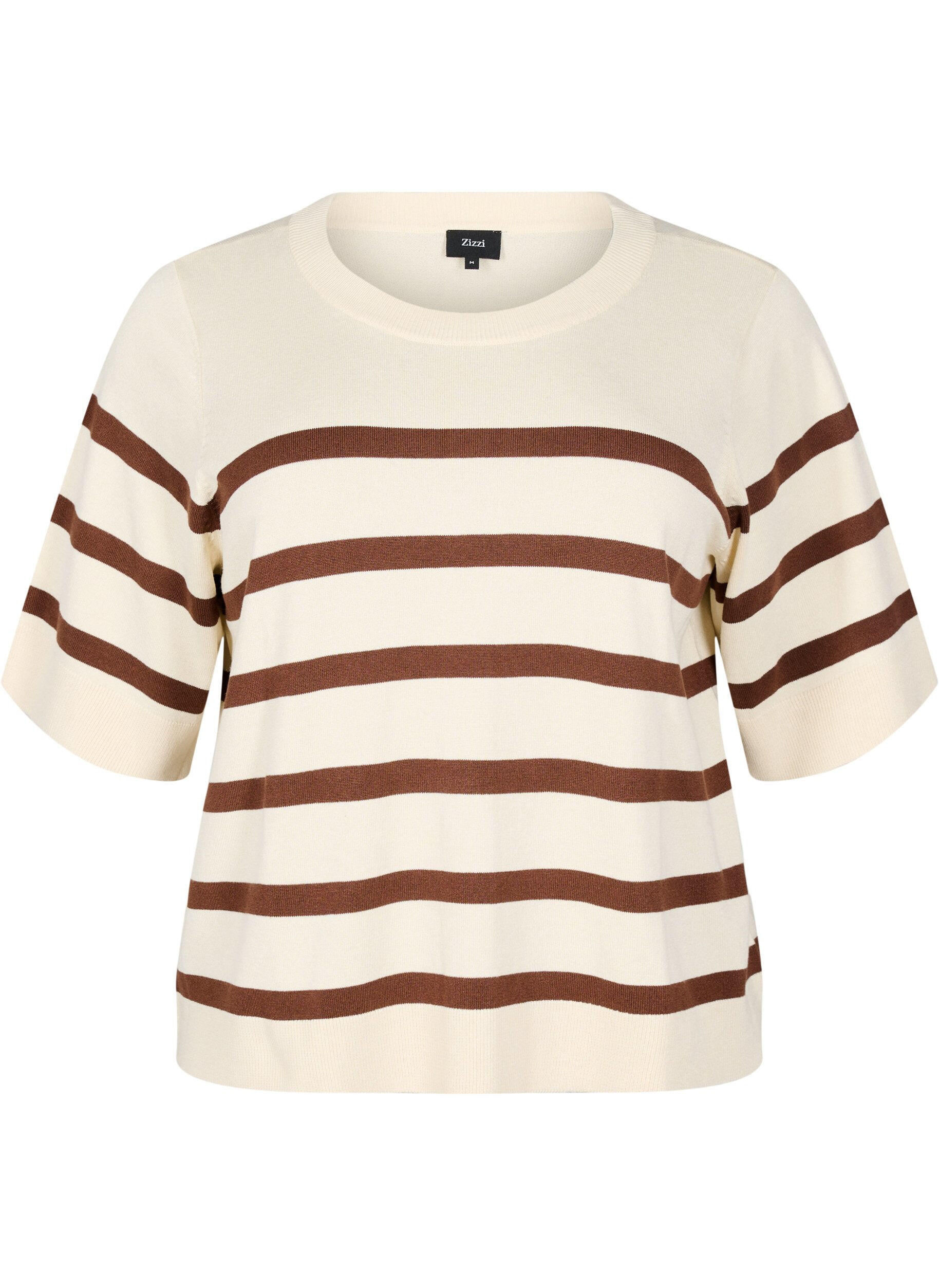 Zizzifashion Striped knit top with short sleeves, Beige, Packshot image number 0