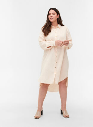 Long cotton shirt with a classic collar, Mother Of Pearl, Model image number 2