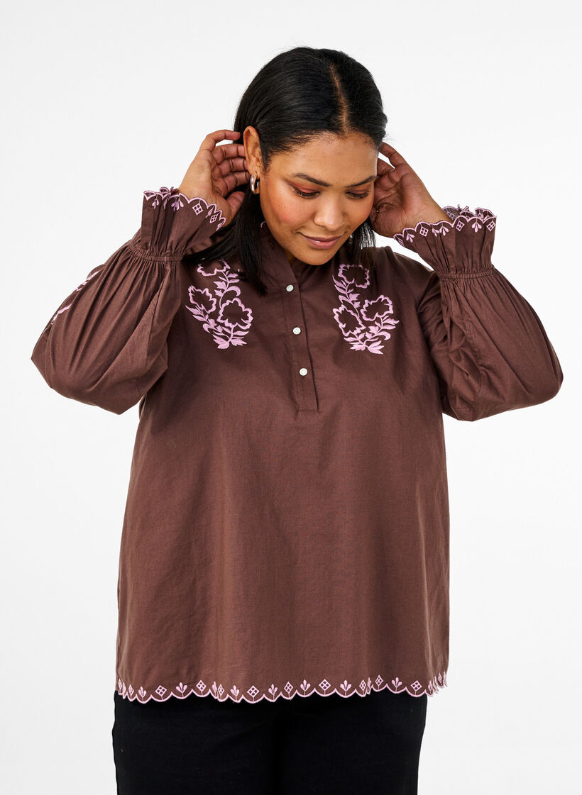 Blouse with embroidery and ruffle details, Brown, Model image number 0