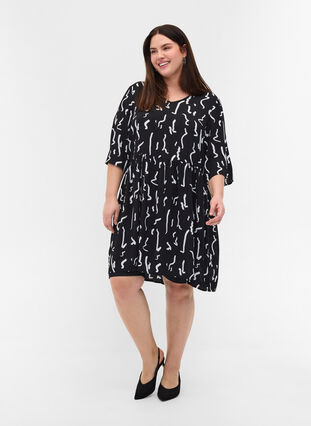 Printed viscose tunic with 1/2 sleeves, Black Paint Strokes, Model image number 2