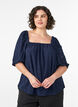 Blouse with short puff sleeves and an openwork pattern, Blue, Model image number 0