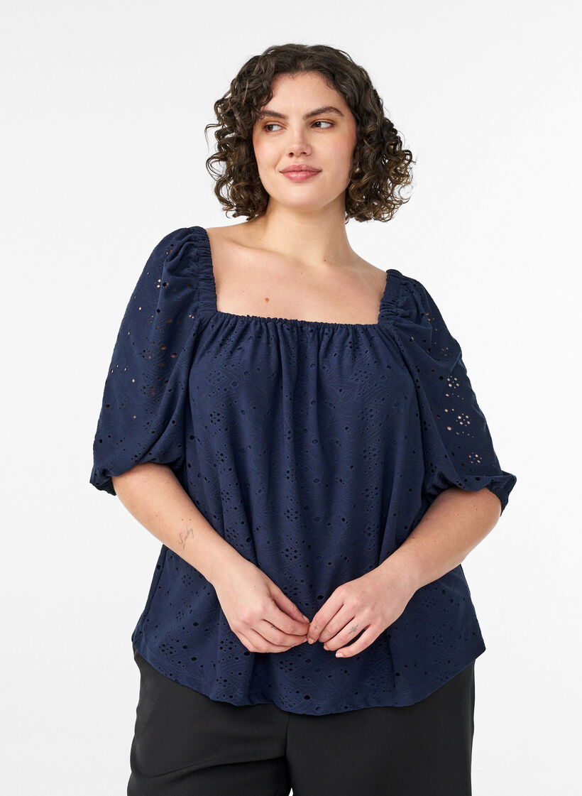 Blouse with short puff sleeves and an openwork pattern, Blue, Model image number 0
