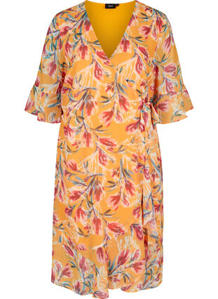 Floral wrap dress with 3/4-length sleeves, Cadmium Yellow AOP, Packshot image number 0