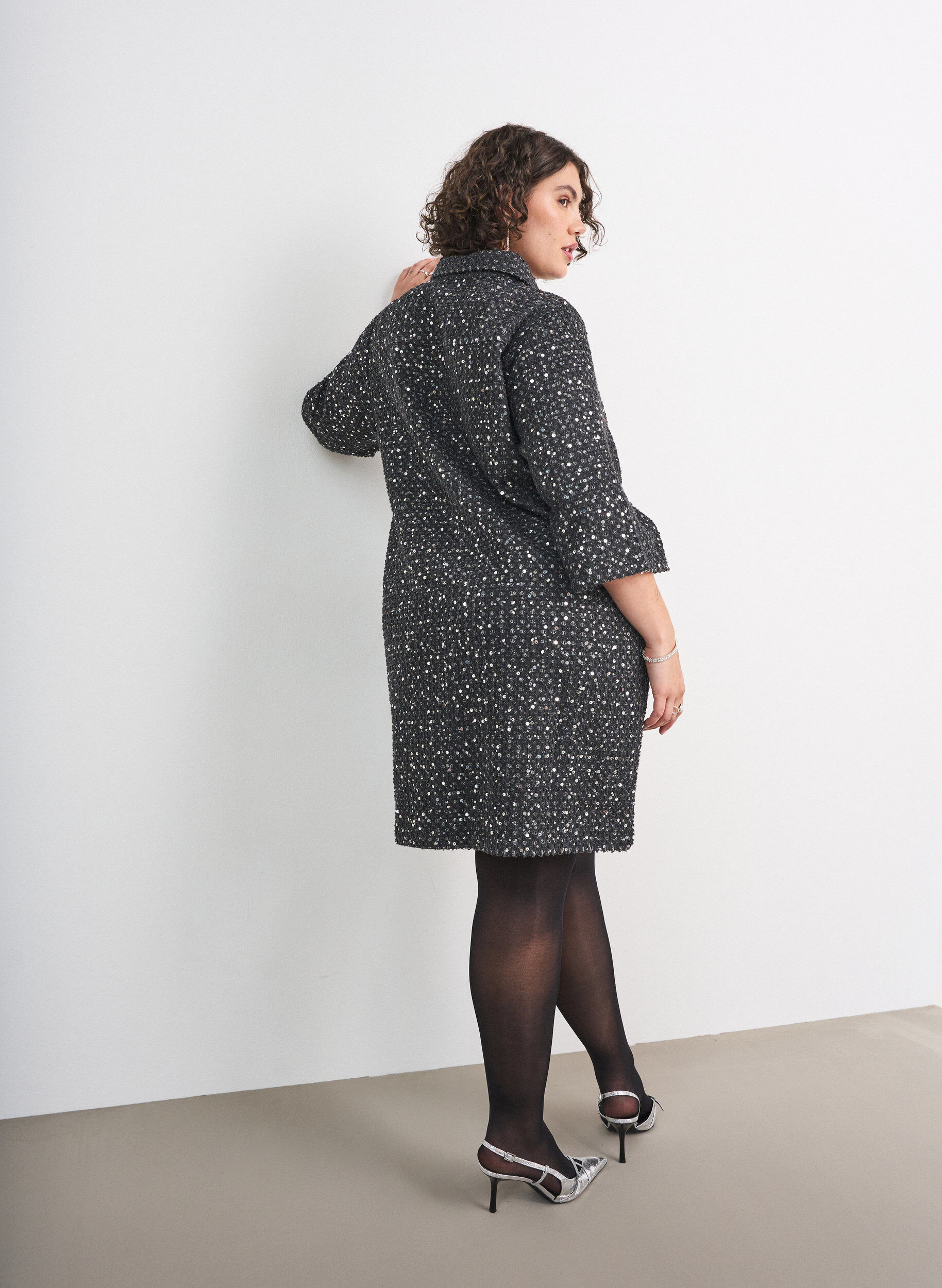 ZizzifashionDenim dress with sequins and 3/4 sleeves, Black, Model image number 2