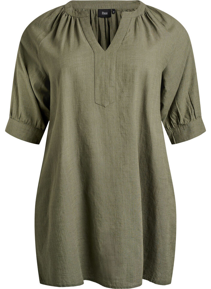 Cotton tunic with a V-neck, Green, Packshot image number 0