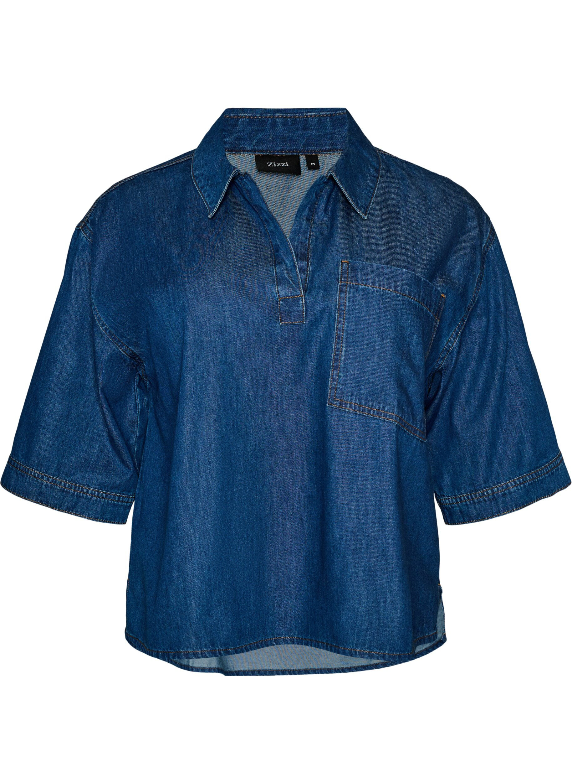 ZizzifashionDenim blouse with a chest pocket and elbow-length sleeves, Blue, Packshot image number 0