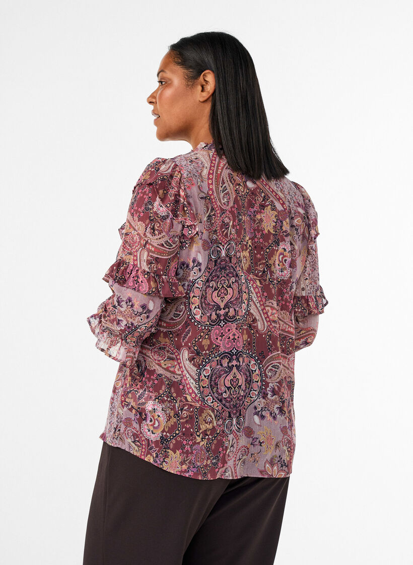 Blouse with paisley print and ruffle details, Purple, Model image number 2