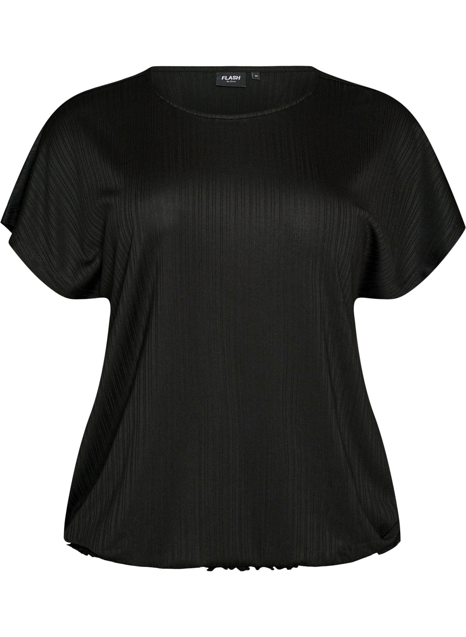 Zizzifashion Jersey blouse with textured stripes and a smocked hem, Black, Packshot image number 0