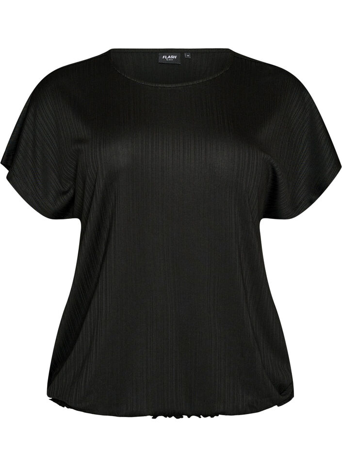Jersey blouse with textured stripes and a smocked hem, Black, Packshot image number 0