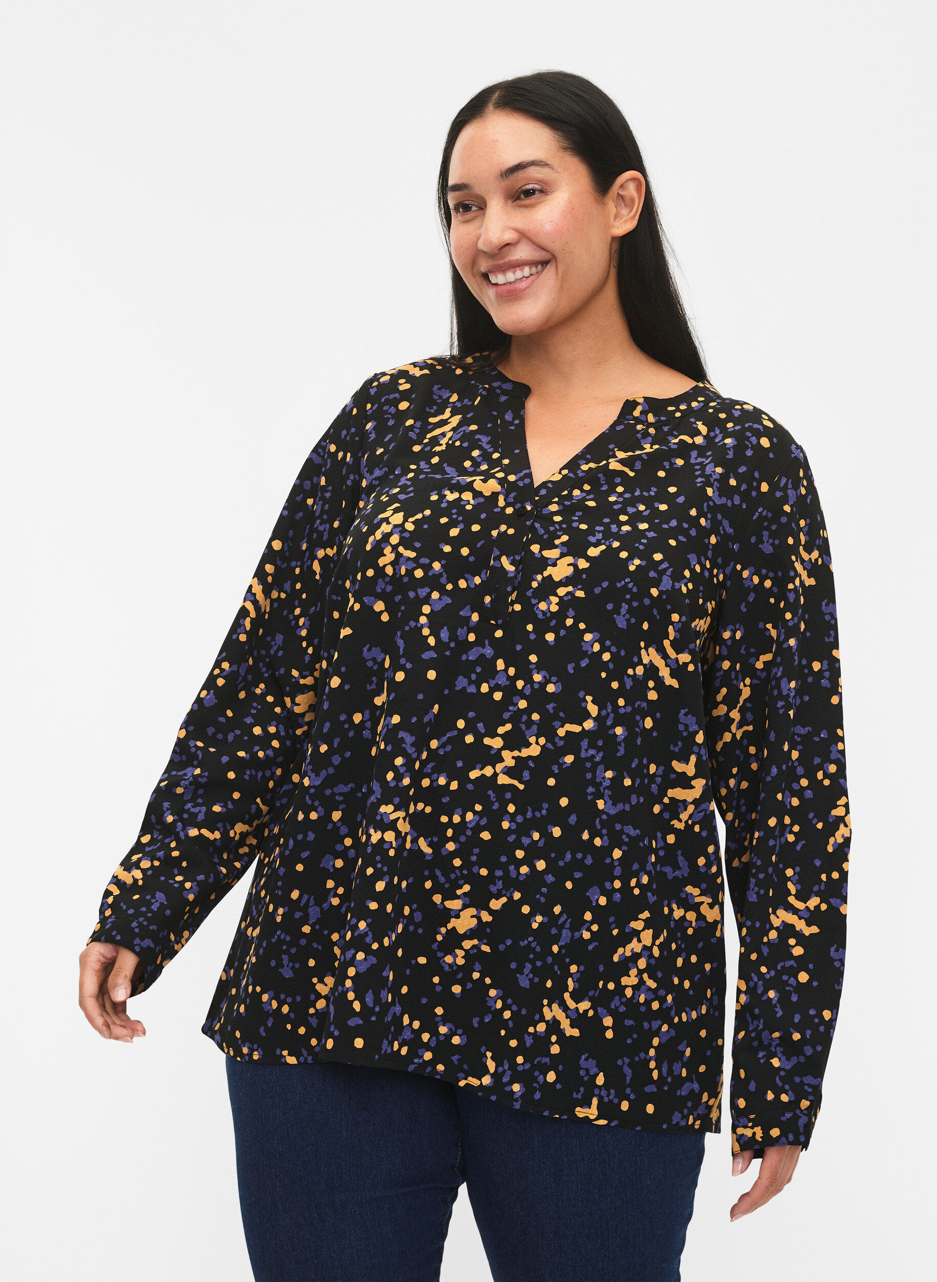 Zizzifashion FLASH - Long sleeve blouse with print, Black Splash AOP, Model image number 0