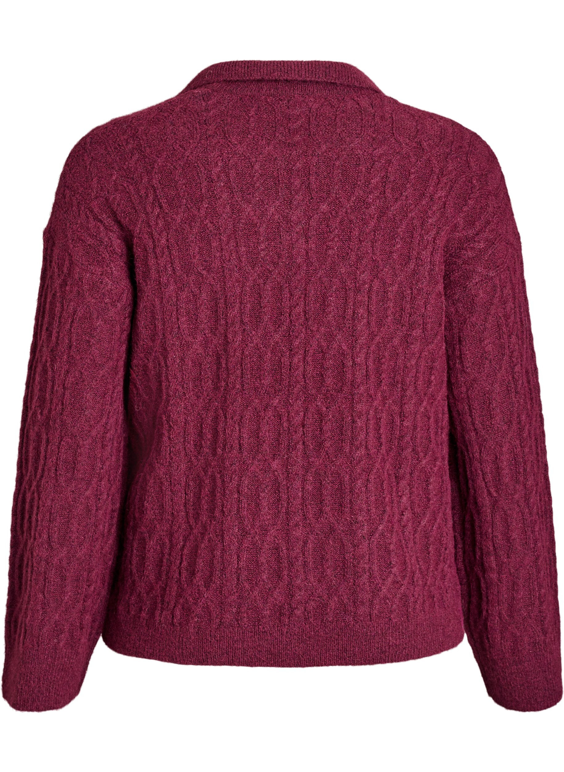 Zizzifashion Cable knit sweater with polo collar, Dark Bordeaux, Packshot image number 1