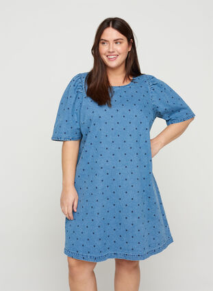 Dotted denim dress with short puff sleeves, Blue denim w. Dot, Model image number 0