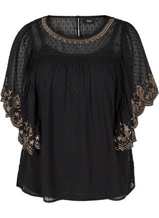 Textured blouse with embroidery, Black, Packshot image number 0