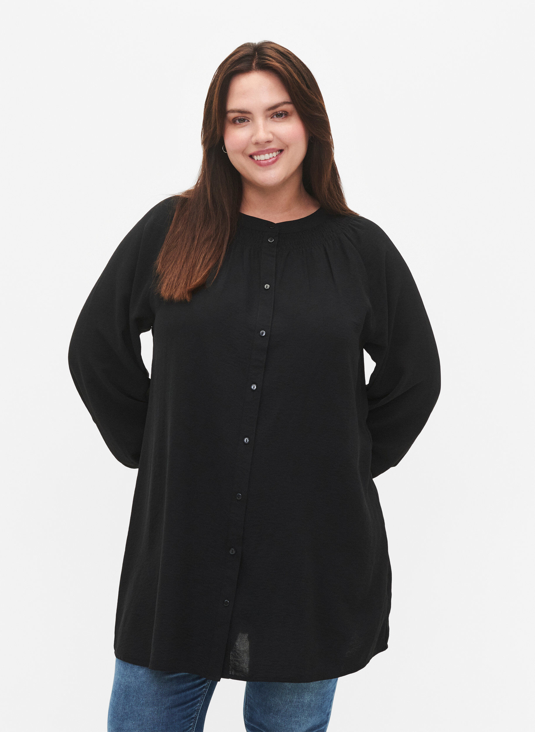 Zizzifashion Long-sleeved tunic with smock, Black, Model image number 0