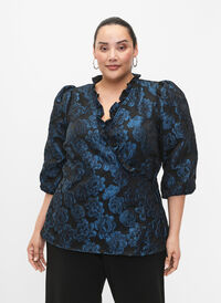 Jacquard wrap blouse with 3/4 sleeves, Black Blue, Model