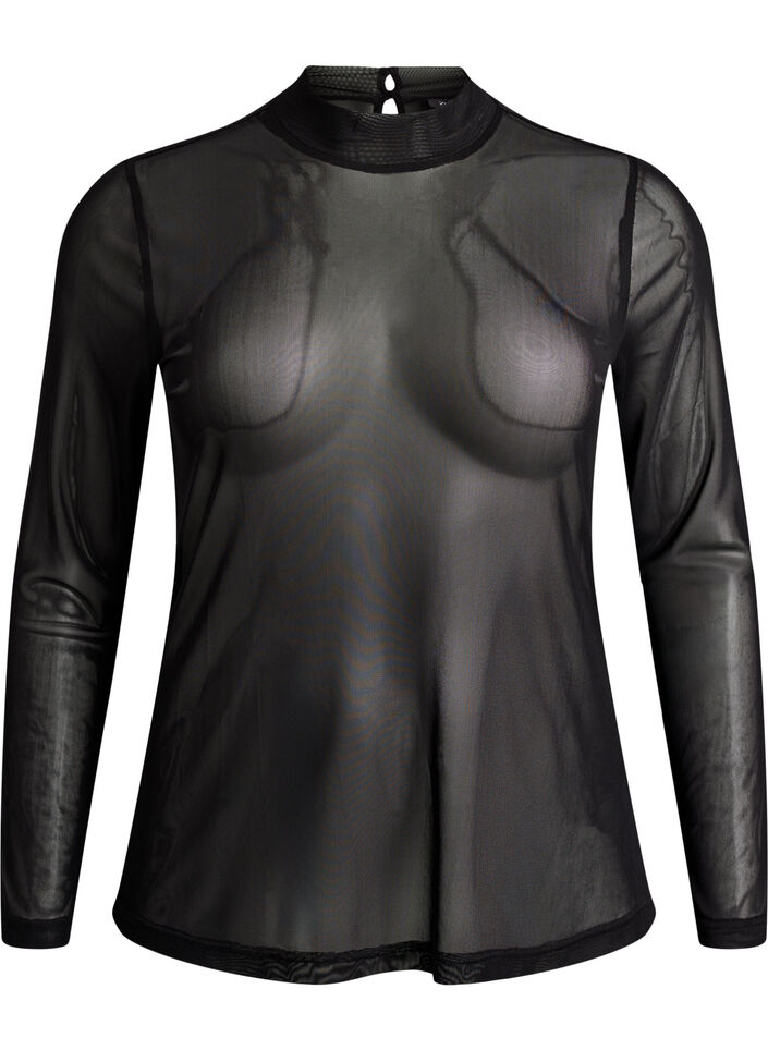 Fitted mesh blouse with long sleeves, Black, Packshot