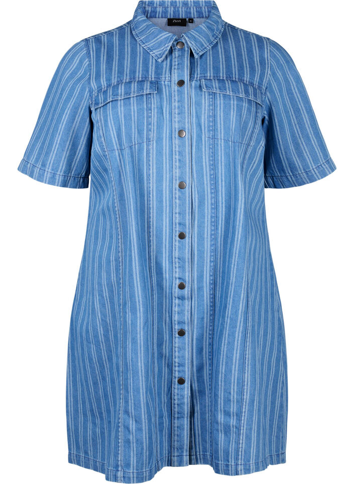 Short denim shirt dress with a striped pattern, Blue, Packshot image number 0