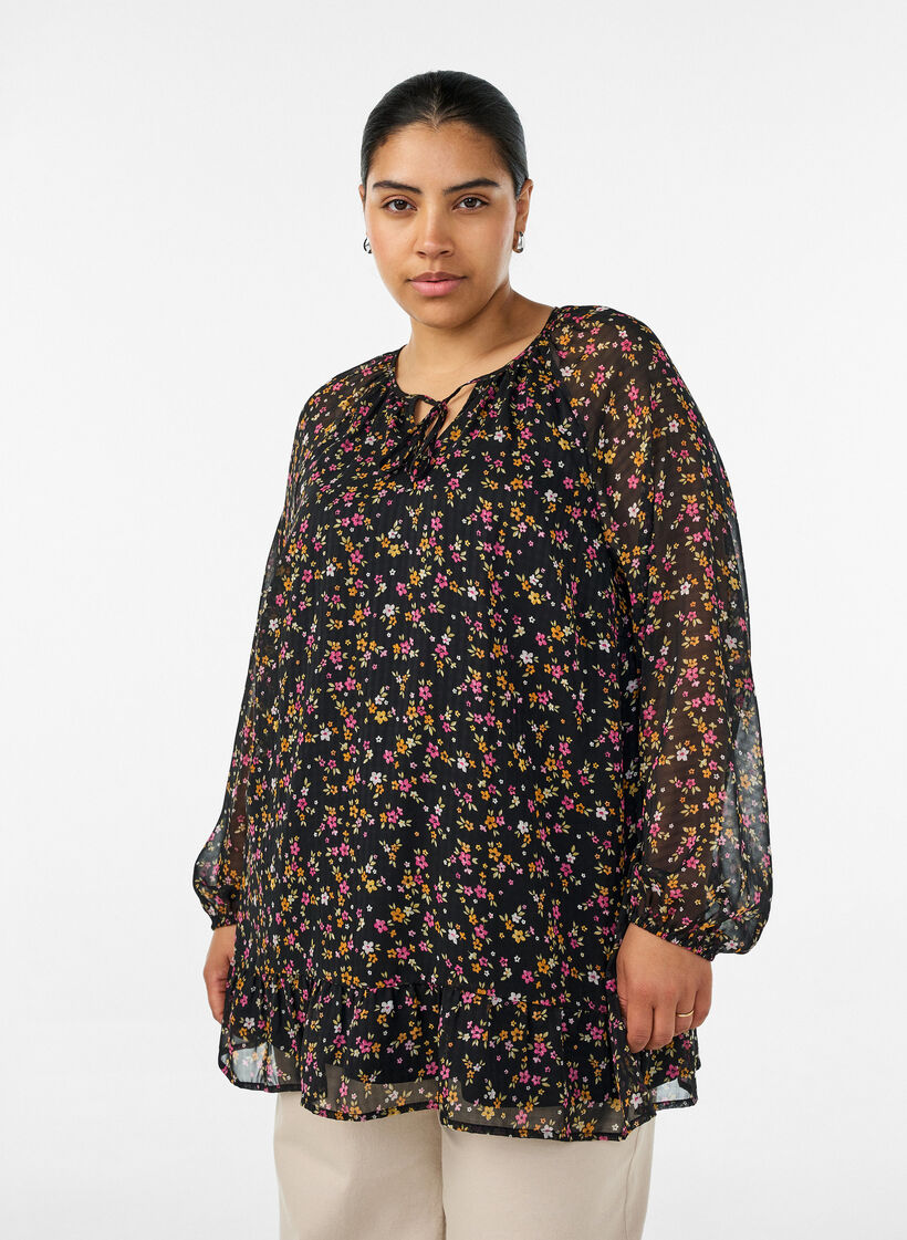 Floral print A-line tunic, Black, Model image number 0