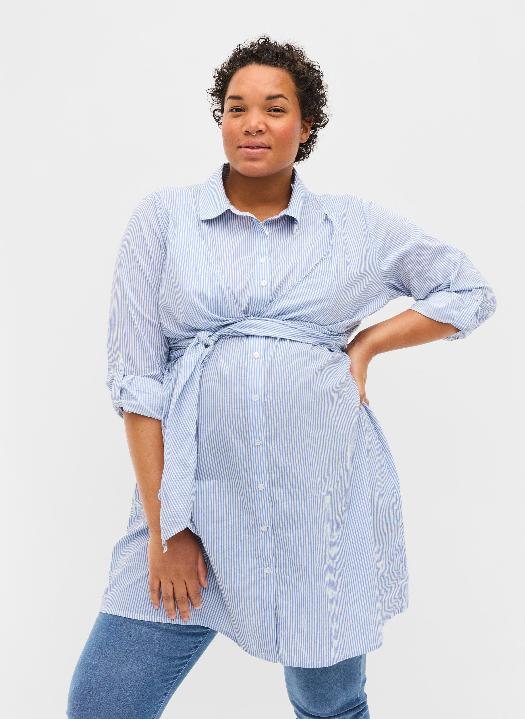 Zizzifashion Cotton maternity shirt dress, Blue Stripe, Model image number 0