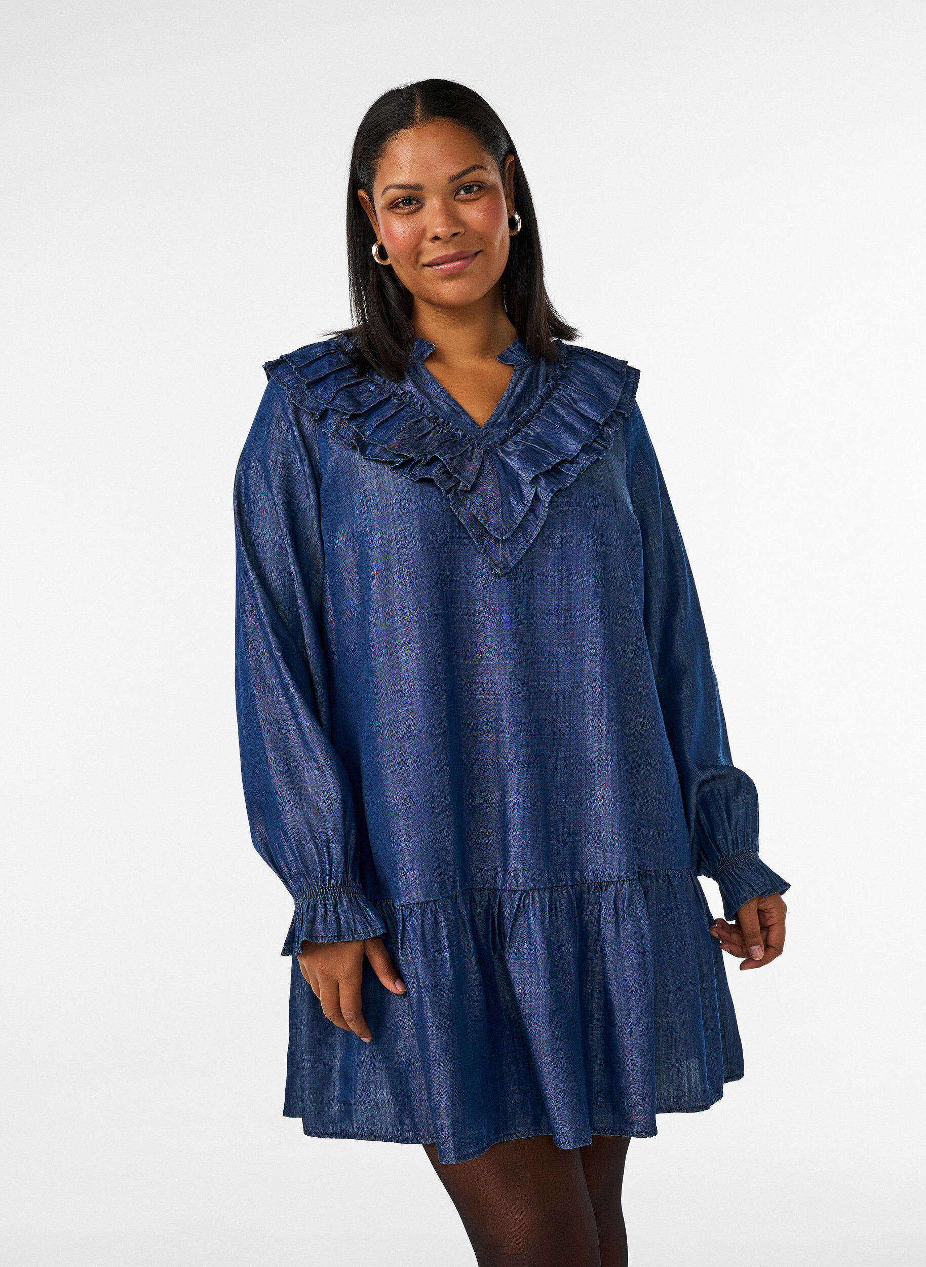 ZizzifashionShort denim-look dress with ruffles, Blue, Model image number 0