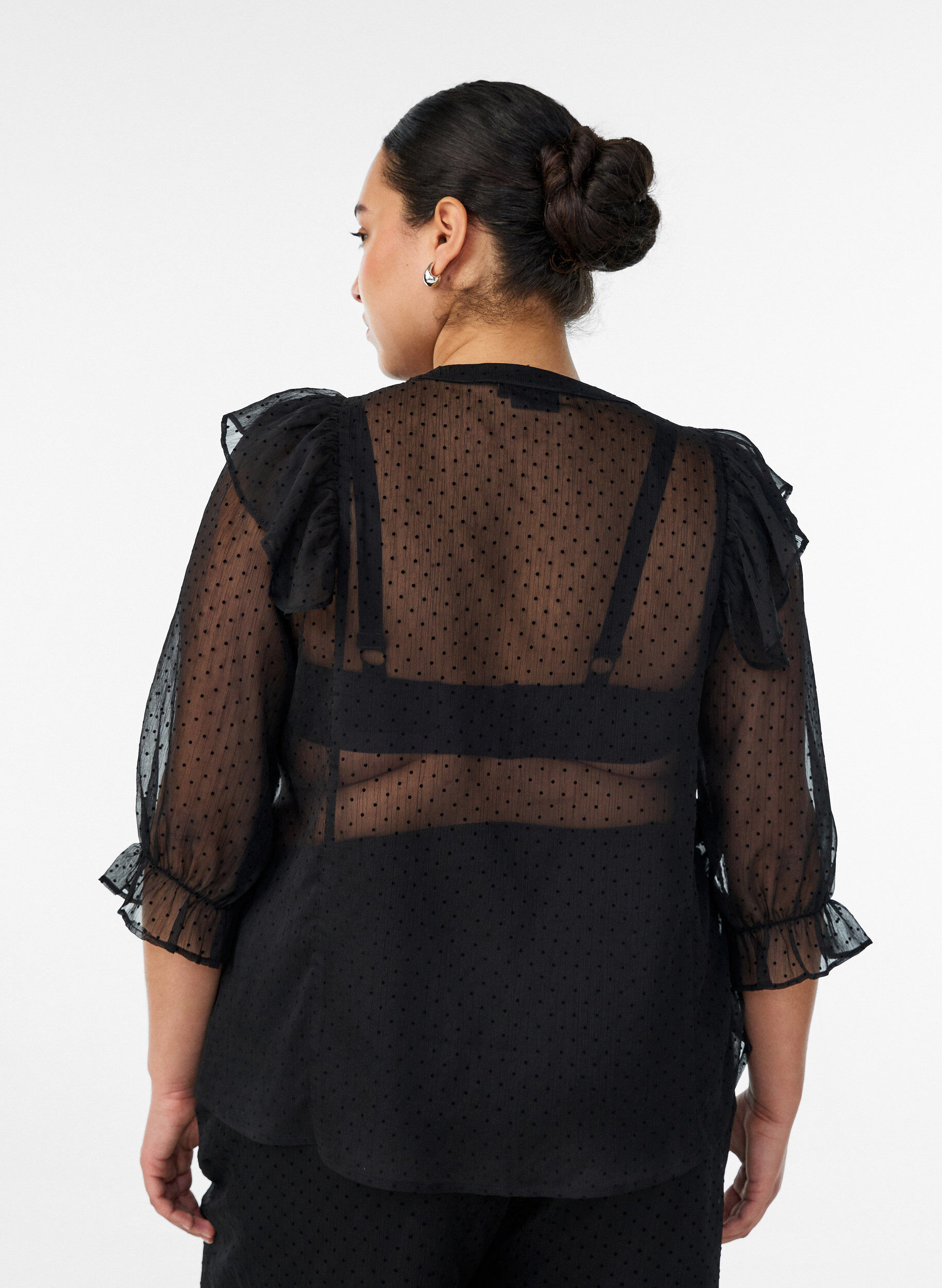 ZizzifashionSheer shirt blouse with dots and ruffle details, Black, Model image number 2